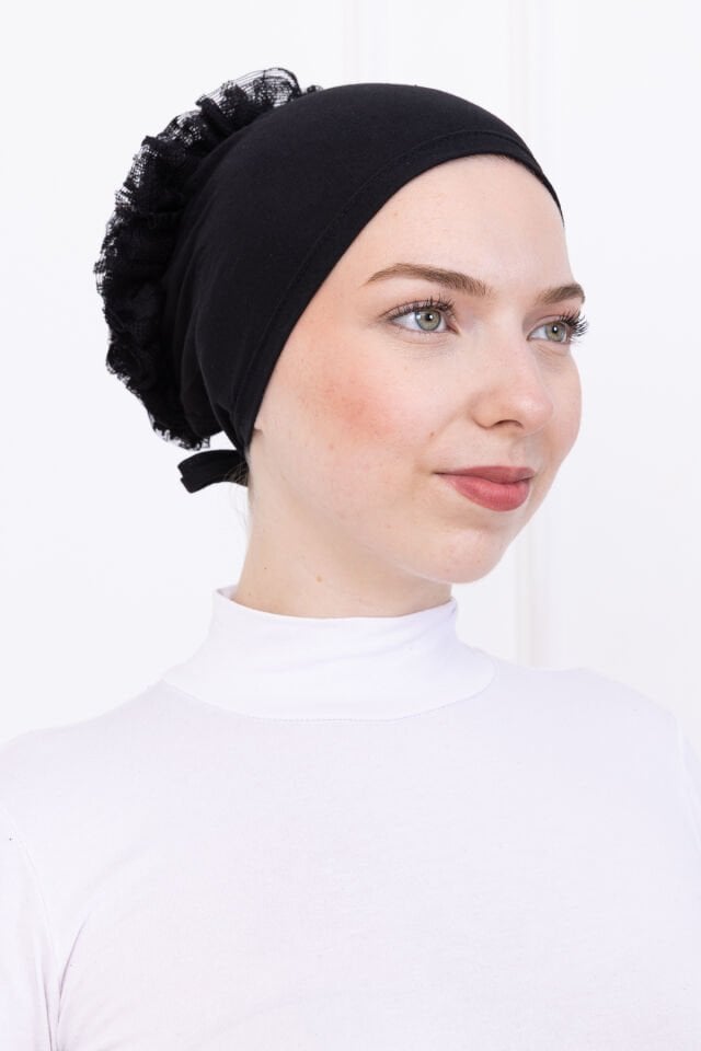 Fırfırlı Önden Dikişli Penye Bone - Kadın Tesettür Bağlamalı Topuz İç Bone