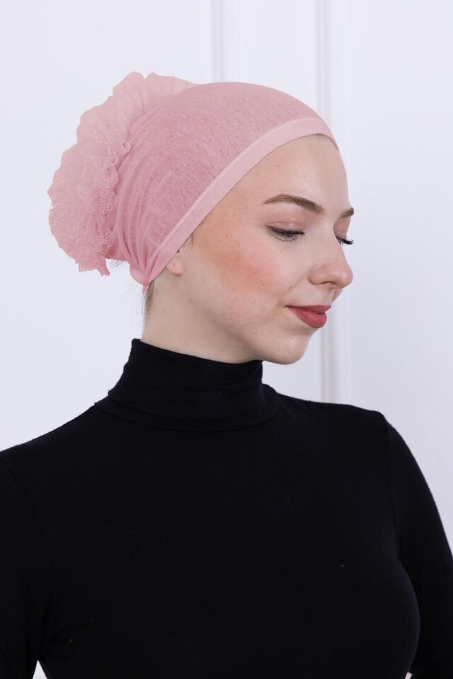 Fırfırlı Önden Dikişli Penye Bone - Kadın Tesettür Bağlamalı Topuz İç Bone Pembe