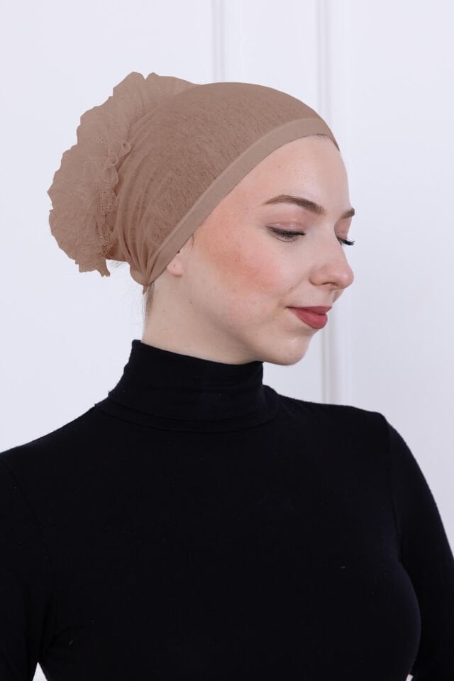 Fırfırlı Önden Dikişli Penye Bone - Kadın Tesettür Bağlamalı Topuz İç Bone Vizon