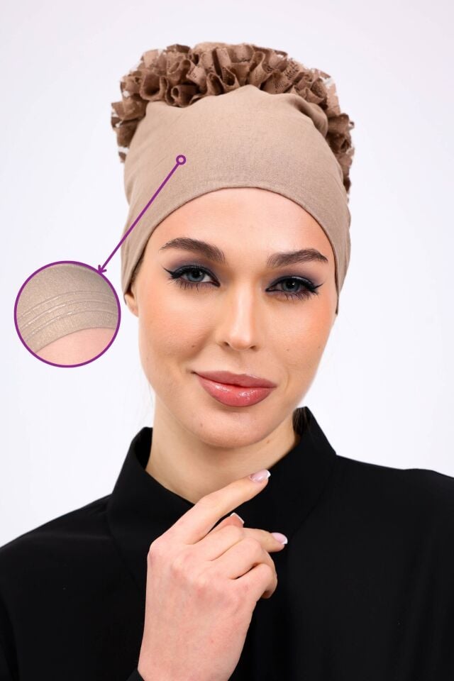 Kaymayan Fırfırlı Silikonlu Dikişsiz Bone - Kaymaz Kadın Tesettür Bağlamalı İç Bone Vizon