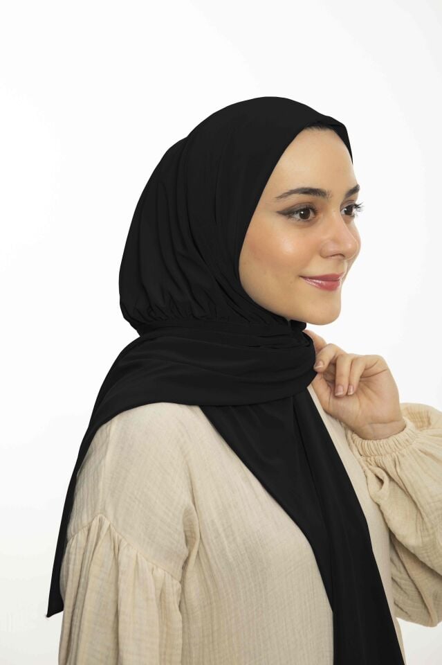 Hazır Pratik Çıtçıtlı Şal Sandy - Geçmeli Geçme Tesettür Kadın Shawl Siyah