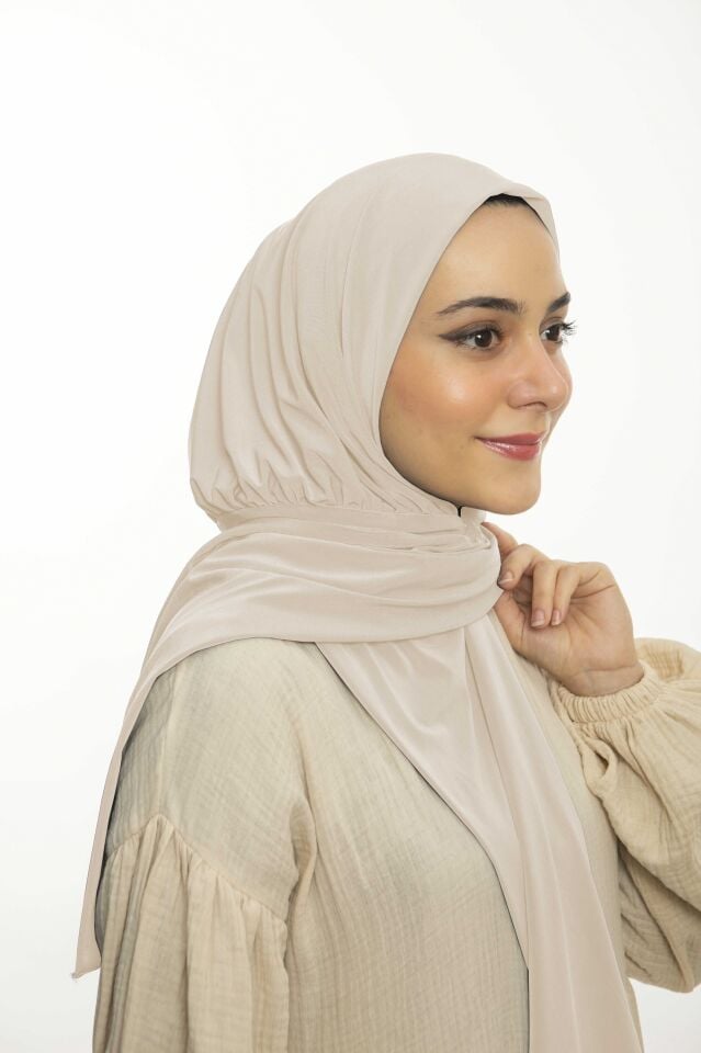 Hazır Pratik Çıtçıtlı Şal Sandy - Geçmeli Geçme Tesettür Kadın Shawl Krem