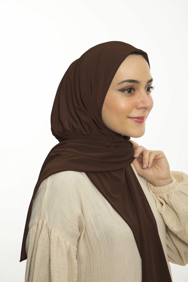 Hazır Pratik Çıtçıtlı Şal Sandy - Geçmeli Geçme Tesettür Kadın Shawl Kahverengi