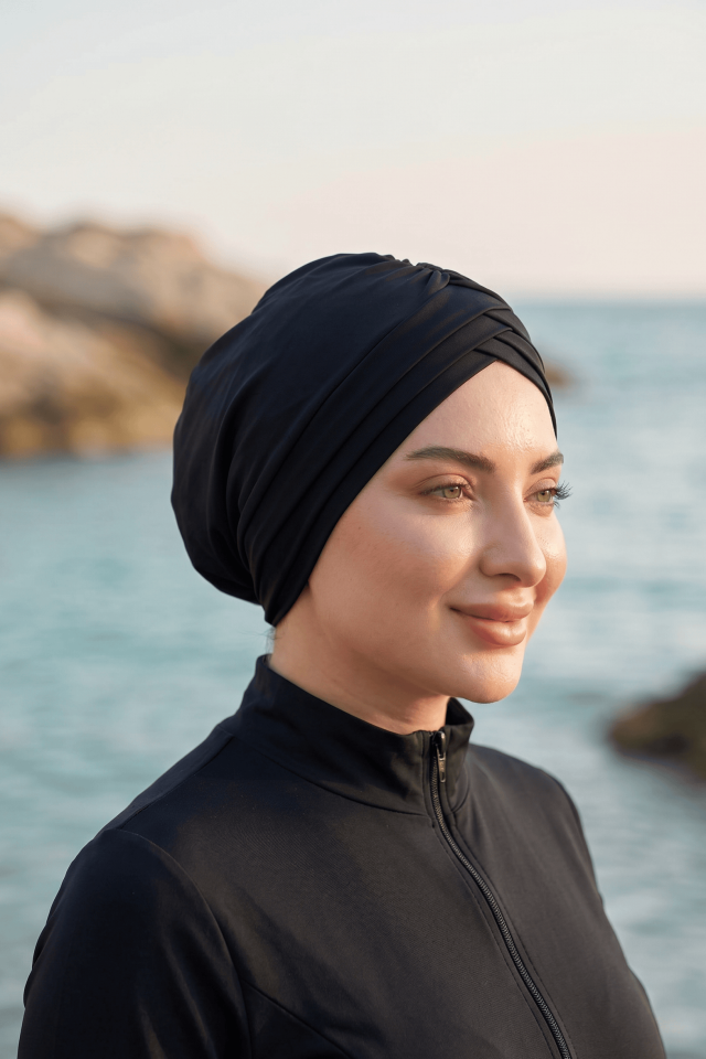 Üç Bantlı Çapraz Deniz Havuz Yüzücü Spor Bonesi - Hazır Türban Tesettür Mayo Dış Bone Siyah