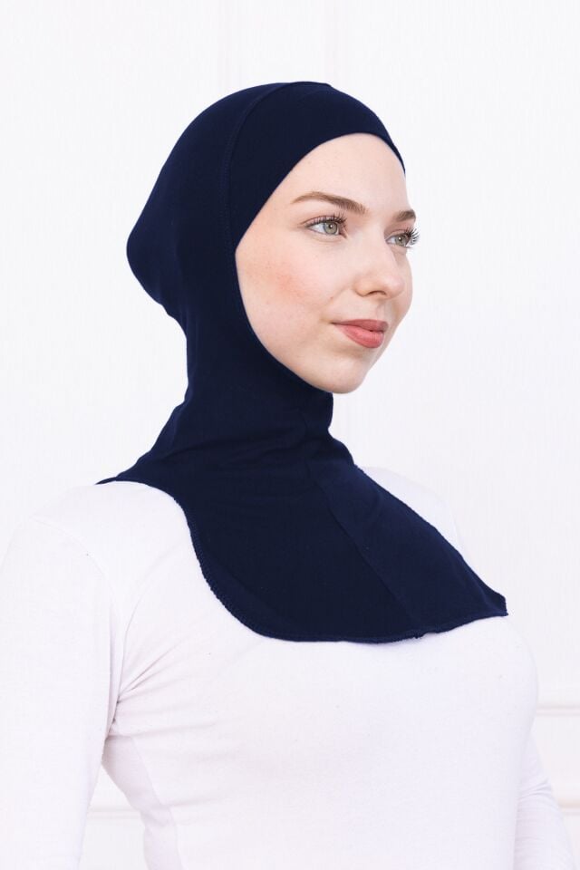 Boyunluklu Ninja Bone Likralı Sporcu Bonesi - Kadın Hazır Pratik Tesettür Hijab Başörtü Lacivert