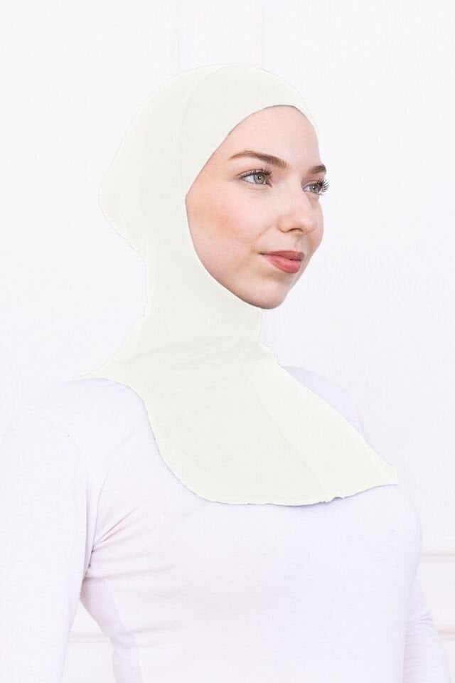 Boyunluklu Ninja Bone Likralı Sporcu Bonesi - Kadın Hazır Pratik Tesettür Hijab Başörtü Ekru - Kırık Beyaz