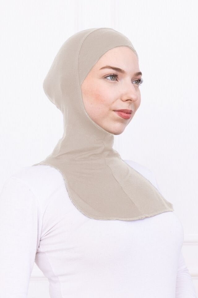 Boyunluklu Ninja Bone Likralı Sporcu Bonesi - Kadın Hazır Pratik Tesettür Hijab Başörtü Bej