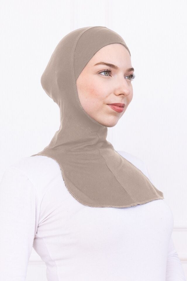 Boyunluklu Ninja Bone Likralı Sporcu Bonesi - Kadın Hazır Pratik Tesettür Hijab Başörtü Vizon