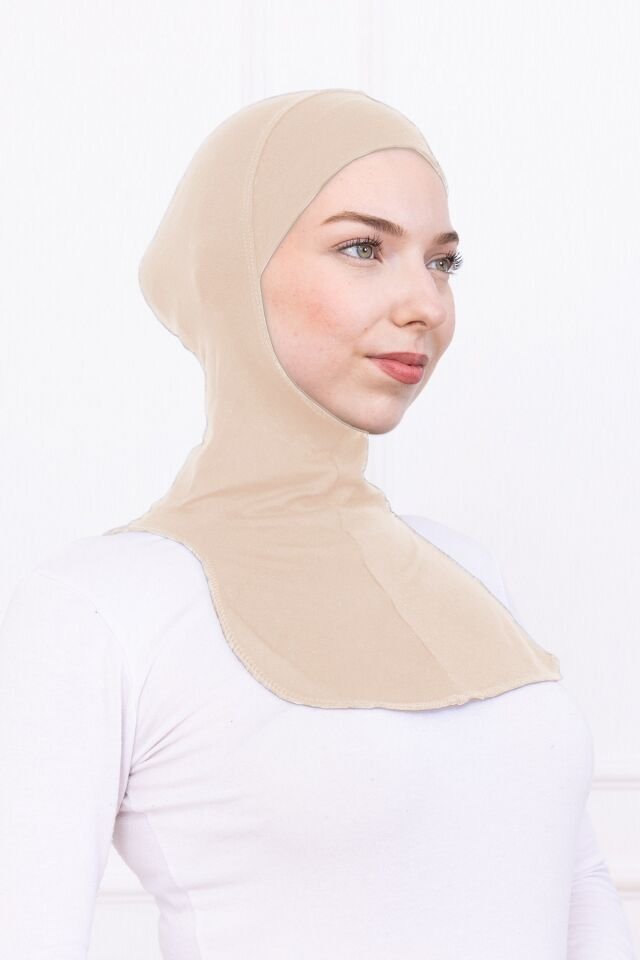 Boyunluklu Ninja Bone Likralı Sporcu Bonesi - Kadın Hazır Pratik Tesettür Hijab Başörtü Krem