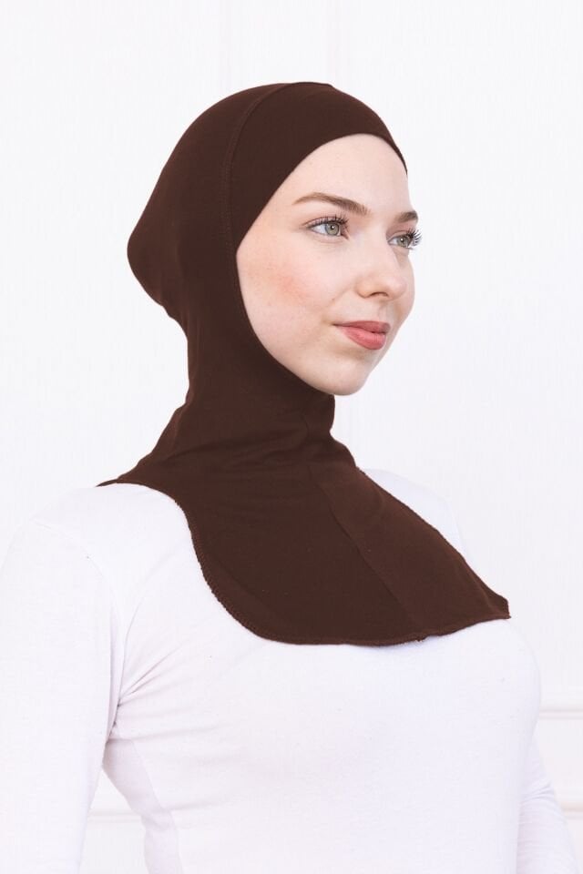 Boyunluklu Ninja Bone Likralı Sporcu Bonesi - Kadın Hazır Pratik Tesettür Hijab Başörtü Kahverengi