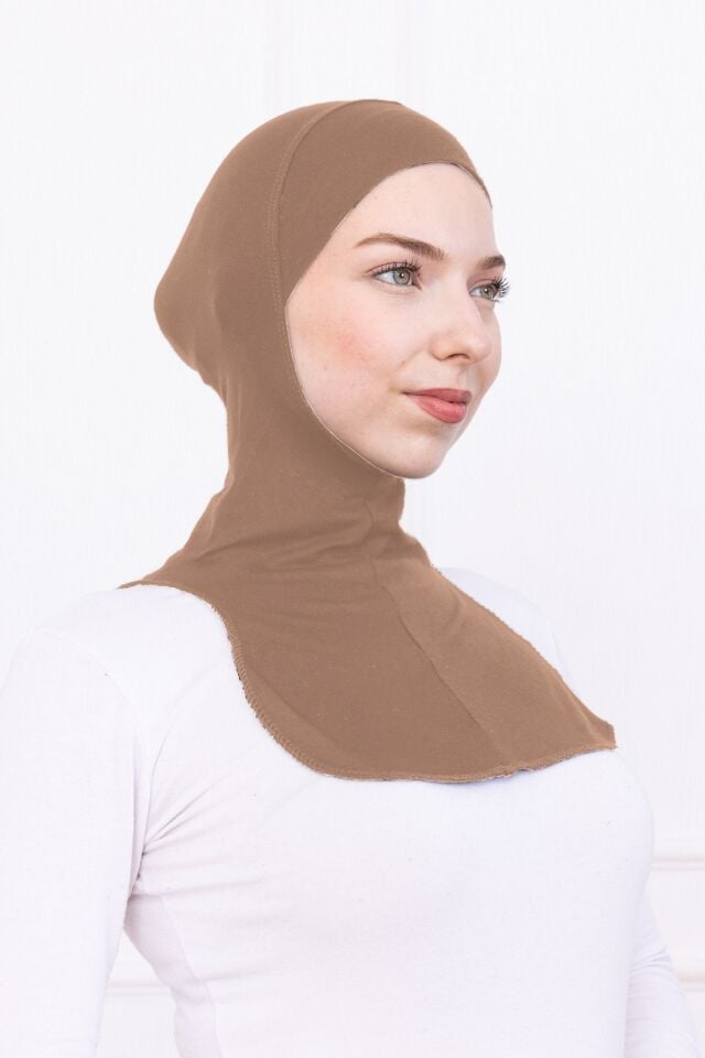 Boyunluklu Ninja Bone Likralı Sporcu Bonesi - Kadın Hazır Pratik Tesettür Hijab Başörtü Camel