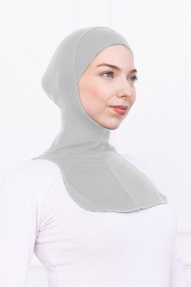 Boyunluklu Ninja Bone Likralı Sporcu Bonesi - Kadın Hazır Pratik Tesettür Hijab Başörtü Açık Gri
