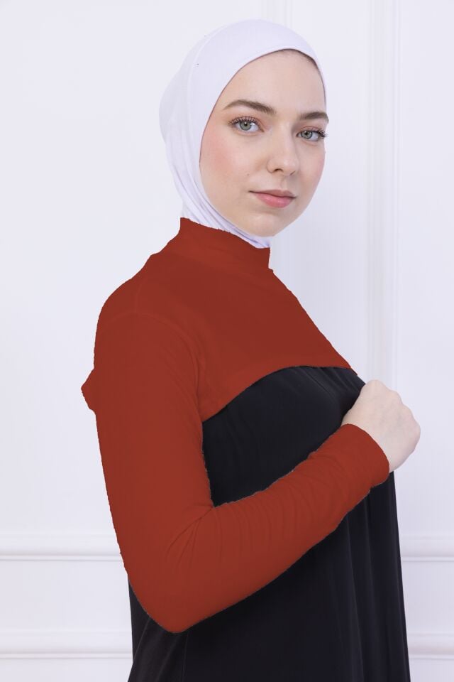 Balıkçı Yaka Boyunluklu Kolluk - Likralı Kadın Body Tesettür Crop Bolero Kiremit