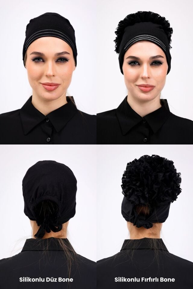 Siyah Kaymaz Fırfırlı ve Düz Silikonlu Bone Seti - Kadın Tesettür İç Bone