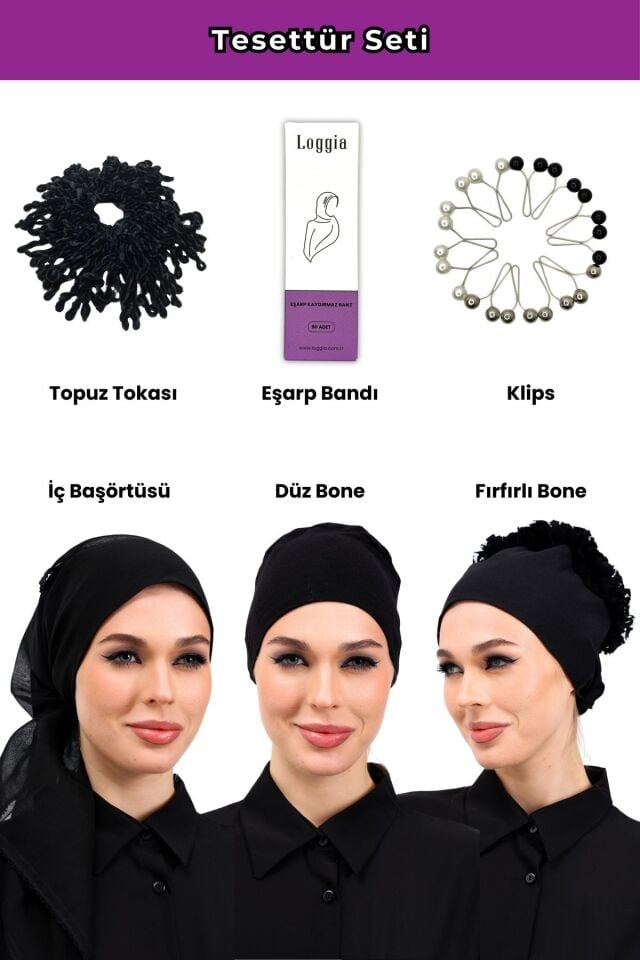 Siyah Tesettür Seti - Topuz Tokası, Eşarp Bandı, Klips, İç Başörtüsü, Düz Bone, Fırfırlı Bone