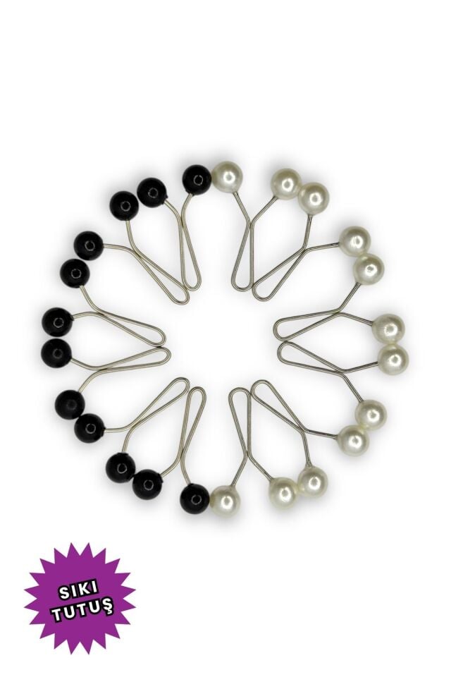 Eşarp Şal Klipsi 12 Adet İnci Model Klips - Kadın Tesettür Aksesuar İğne 6 Siyah Ve 6 Beyaz