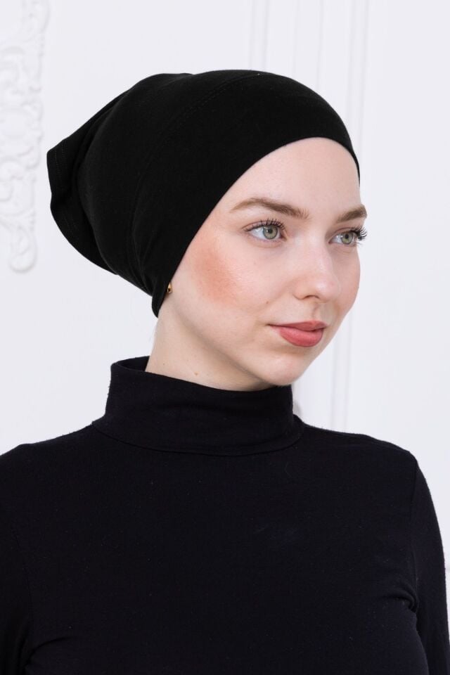 Pratik Boru Bone Geçmeli - Kaymaz Önü Dikişsiz Kadın Tesettür Hazır İç Bone Siyah