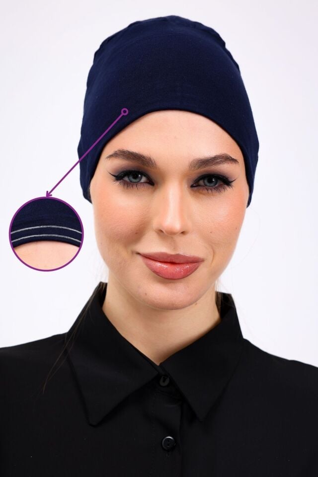 Kaymayan Silikonlu Dikişsiz Bone - Kaymaz Kadın Tesettür Bağlamalı İç Bone Lacivert