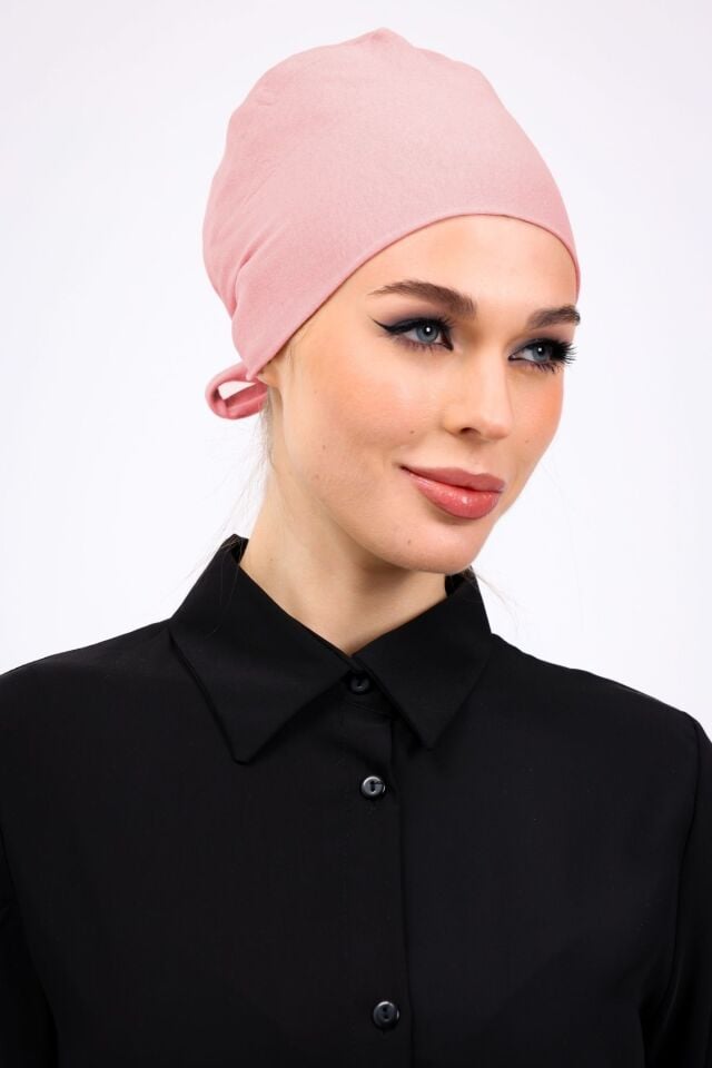 Düz Dikişsiz Penye Bone - Kadın Tesettür Bağlamalı İç Bone Pudra