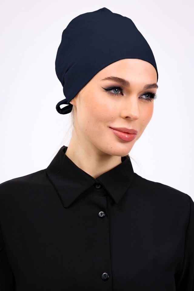 Düz Dikişsiz Penye Bone - Kadın Tesettür Bağlamalı İç Bone Petrol Mavisi