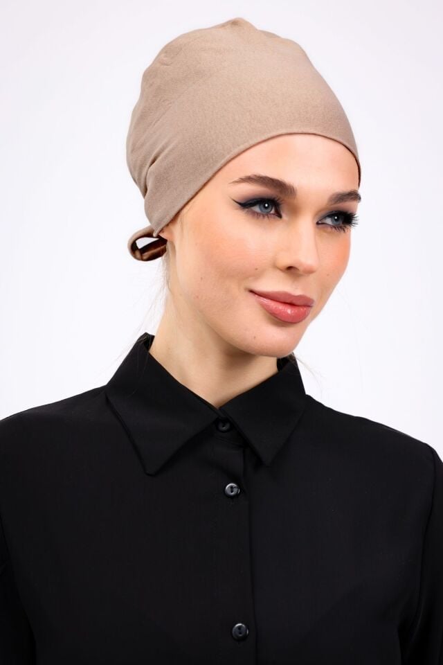 Düz Dikişsiz Penye Bone - Kadın Tesettür Bağlamalı İç Bone Vizon