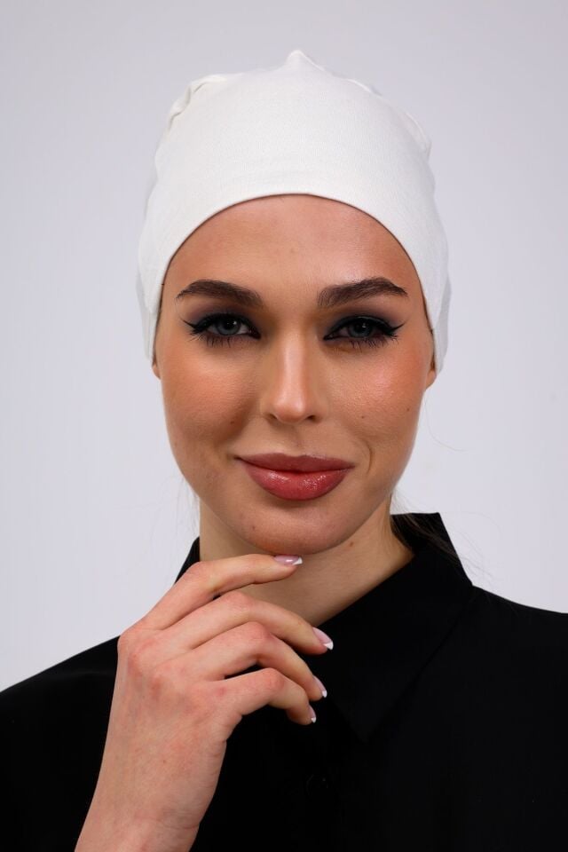 Düz Dikişsiz Penye Bone - Kadın Tesettür Bağlamalı İç Bone Ekru