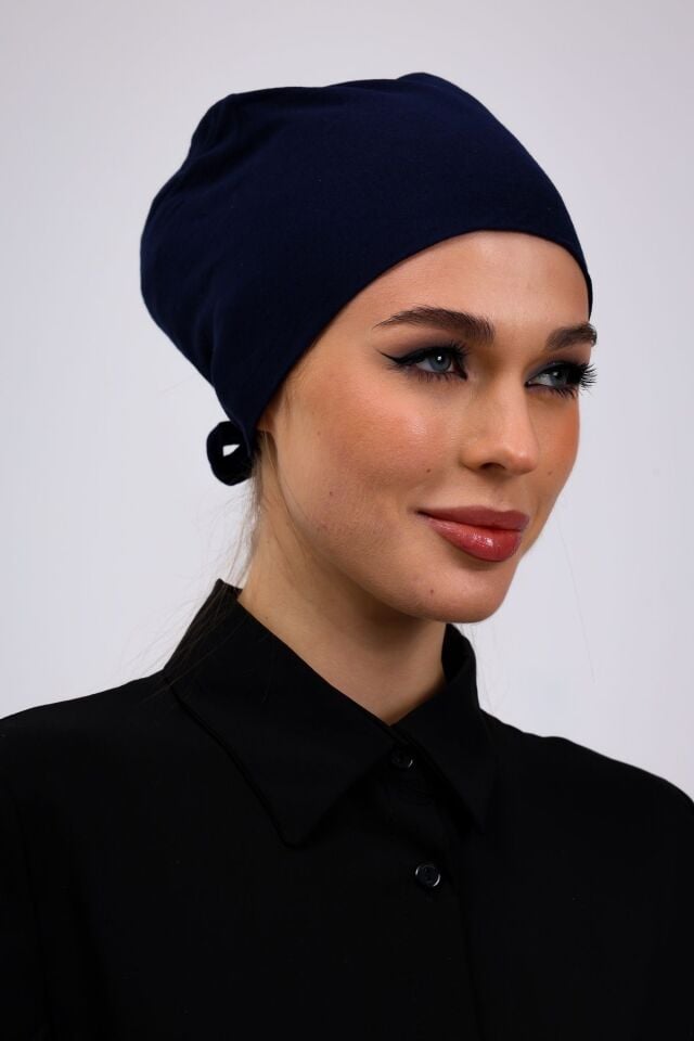 Düz Dikişsiz Penye Bone - Kadın Tesettür Bağlamalı İç Bone Lacivert