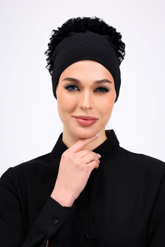 Fırfırlı Dikişsiz Penye Bone - Kadın Tesettür Bağlamalı Topuz İç Bone Siyah